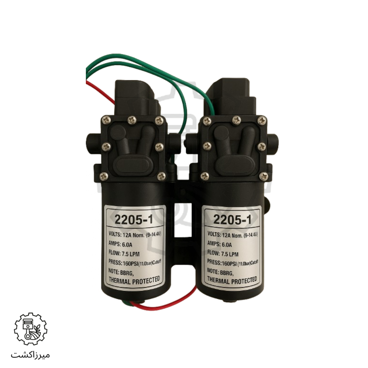 نمای نزدیک از پمپهای دوقلو در سمپاش شارژی FST، مناسب برای افزایش فشار و دبی خروجی محلول در مصارف کشاورزی