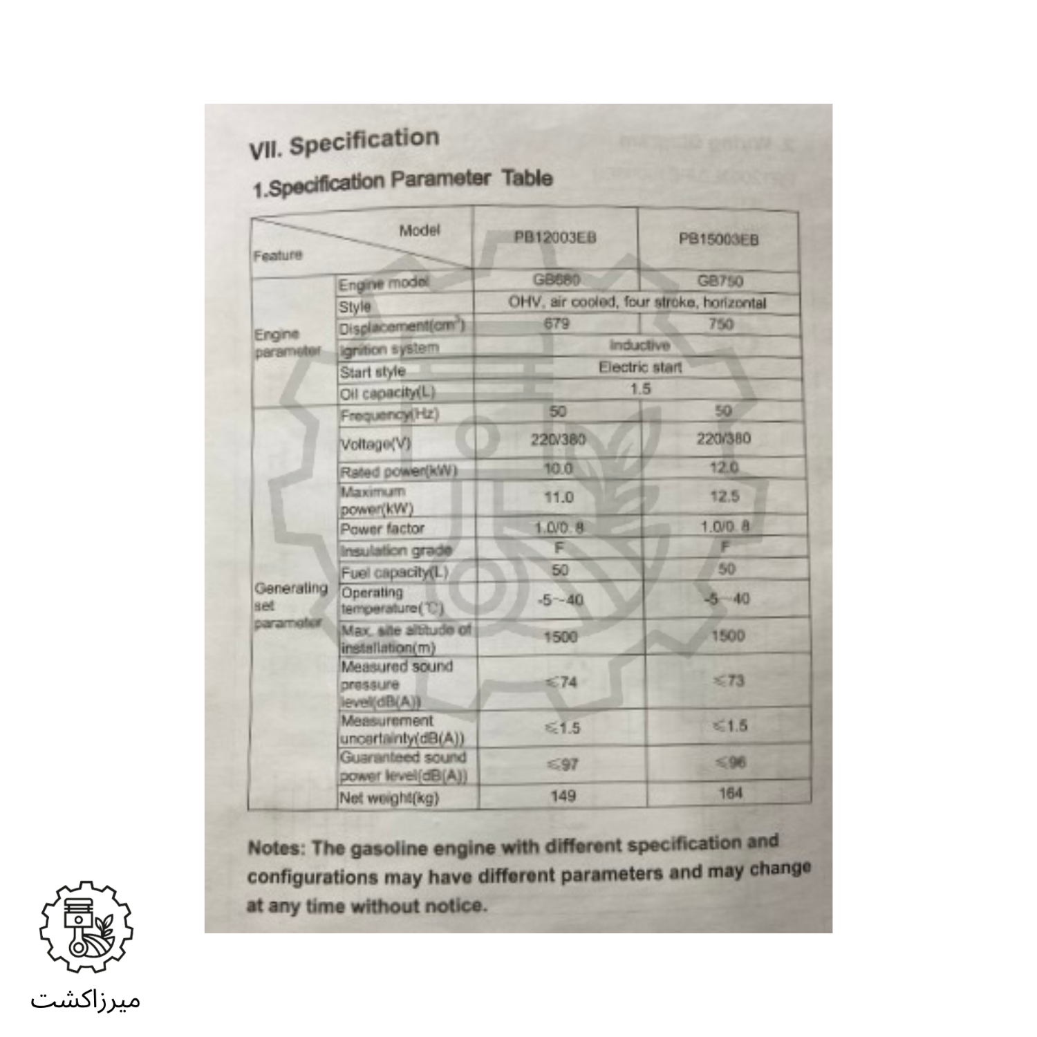 مشخصات موتور برق حرفه‌ای زونگشن 10 کیلووات ریموت‌دار با وزن 149 کیلوگرم