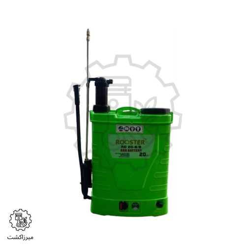 سمپاش شارژی دوکاره روستر ۲۰ لیتری مدل RD20-8/B نمای جلو با باتری ۸ آمپر